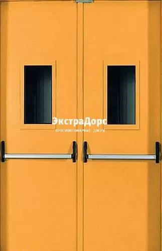 Противопожарная дверь двухстворчатая желтая с антипаникой