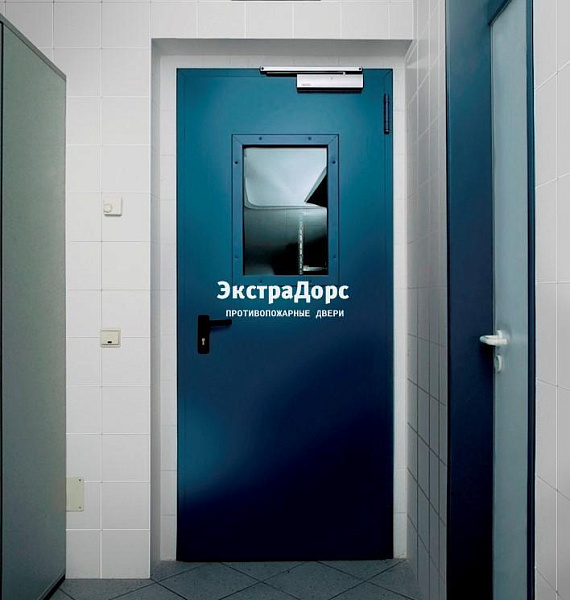 Противопожарная дверь 1 типа синяя c выпадающим порогом с остеклением в Дзержинском  купить